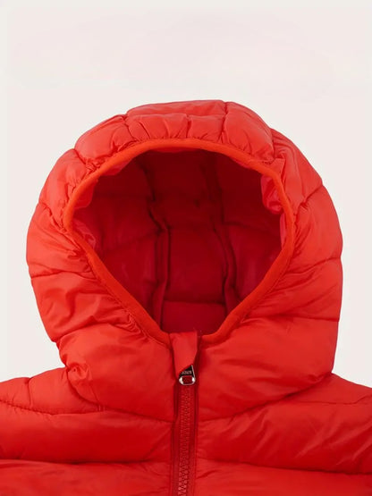 Red winter down jacket with hood, featuring lightweight down filling and waterproof lining for exceptional warmth and style.