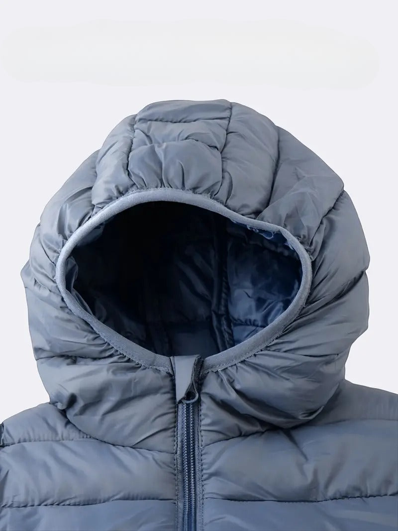 Grey winter down jacket with hood, showing detailed stitching and lightweight design.