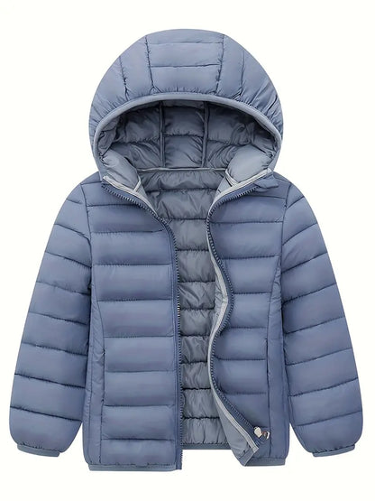 Blue winter down jacket with hood, featuring lightweight insulation and waterproof design for cold weather protection.