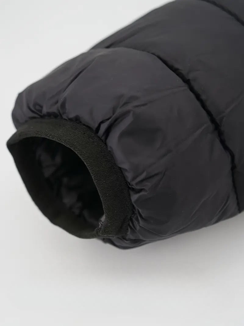 Black winter down jacket sleeve with waterproof and breathable fabric.