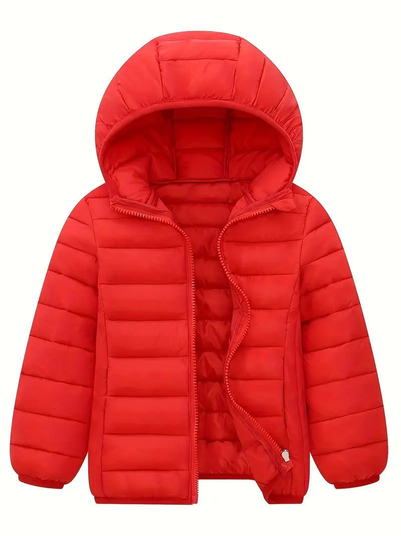 Red winter down jacket with hood, lightweight insulation, and stylish design for cold weather comfort and protection.