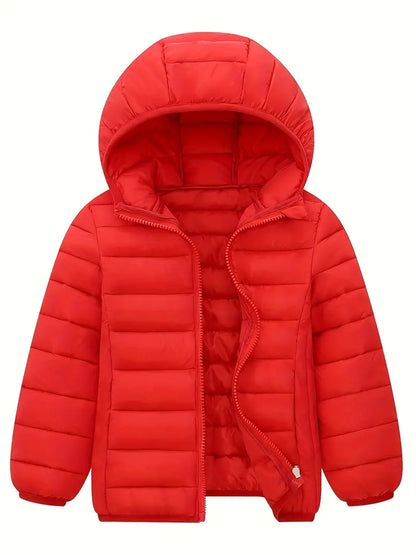 Red winter down jacket with hood, lightweight insulation, and stylish design for cold weather comfort and protection.