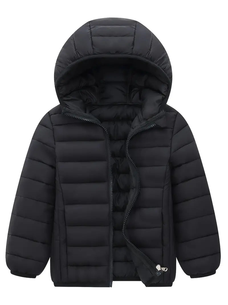 Black winter down jacket with hood, featuring lightweight filling and waterproof lining for warmth and style.