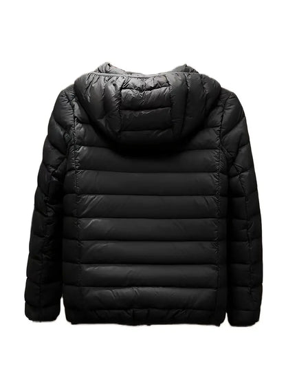 Black winter down jacket with hood, showcasing warm and stylish design for cold weather comfort.