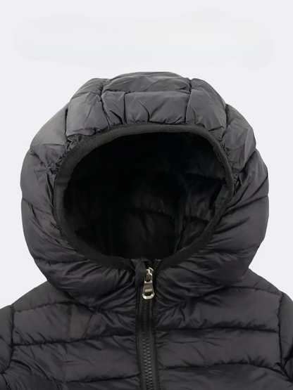 Black winter down jacket with hood, featuring durable, lightweight material for excellent insulation and stylish design.