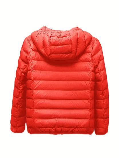 Red winter down jacket with hood, featuring quilted design for warmth and style.