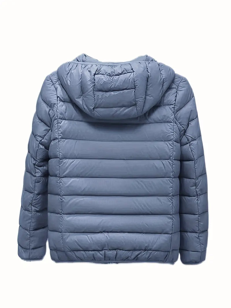 Blue winter down jacket with a hood, showcasing quilted insulation and stylish design for warmth and comfort.