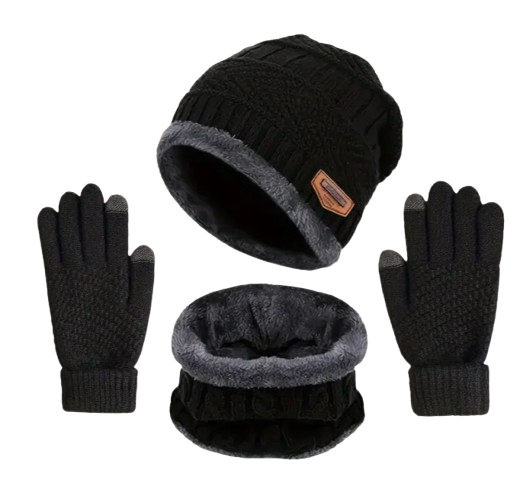 Black three-piece winter set with beanie, neck warmer, and gloves made of soft wool, perfect for staying warm in cold weather.