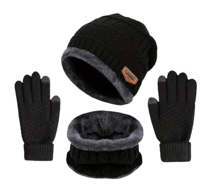 Black three-piece winter set with beanie, neck warmer, and gloves made of soft wool, perfect for staying warm in cold weather.